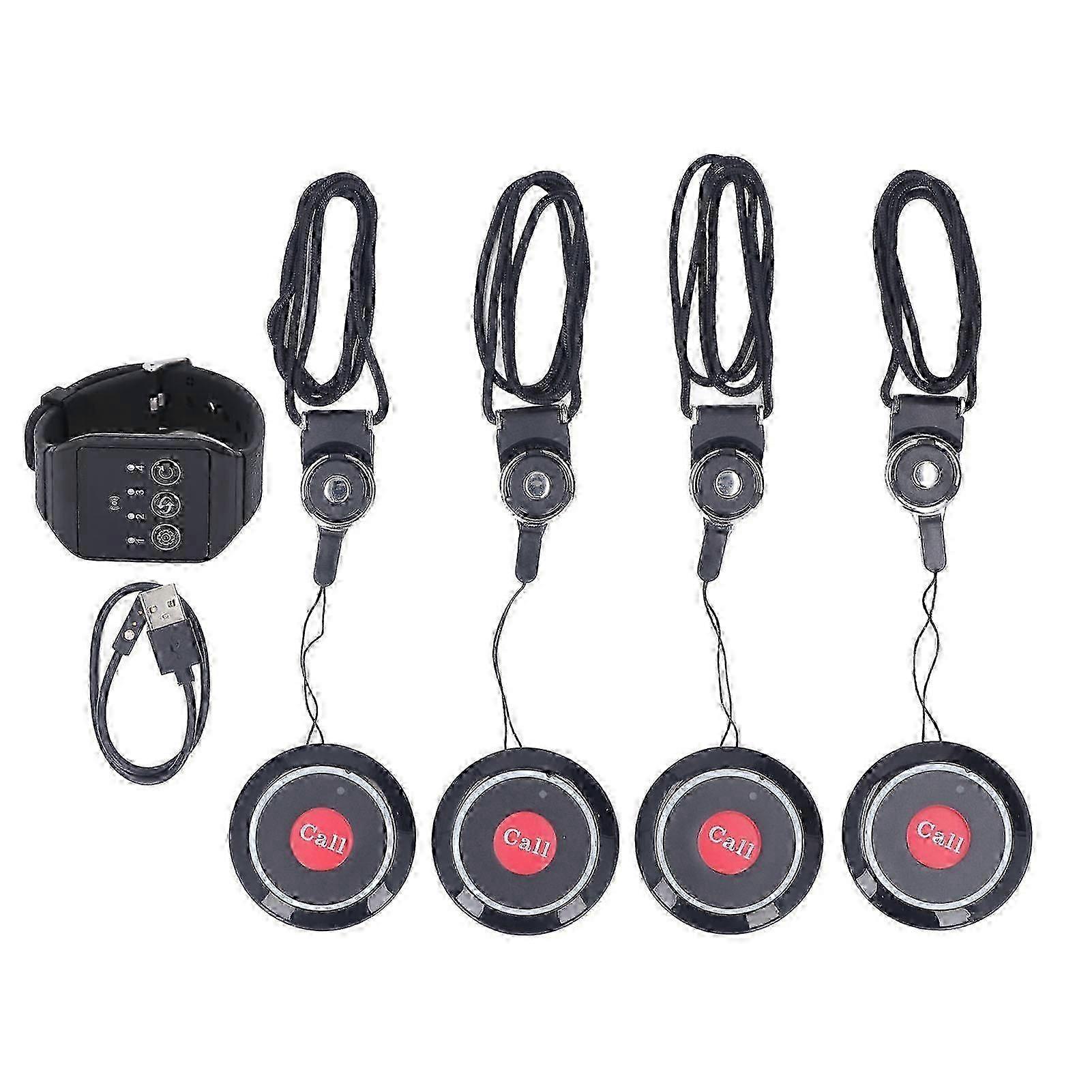 Wireless Restaurant Service Calling System 1 Watch and 4 Button Pagers Waterproof Restaurant Pager System for Restaurant Hospital SZRH A-C
