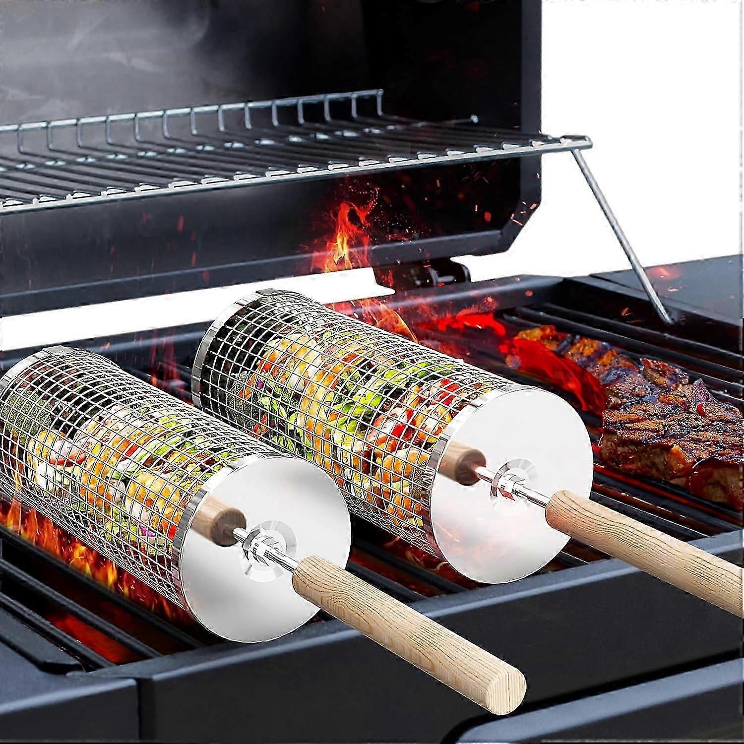Nesting Grill Baskets (2PCS), Removable Wooden Handle, 304 Stainless Steel, Rolling Grilling Net, BBQ Tools for Vegetables and Shrimp, Outdo