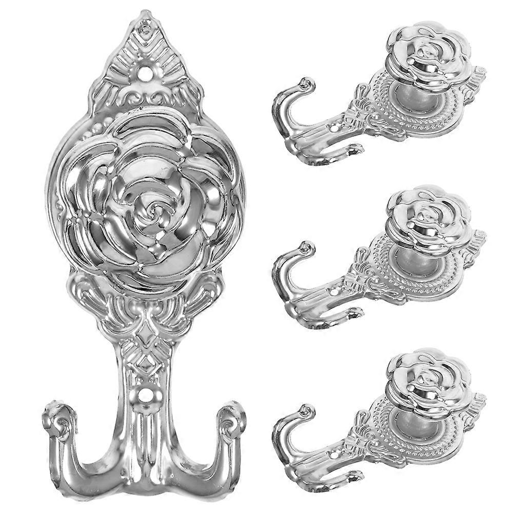 Silver Iron Decorative Wall Hooks for Home Use with Artistic Rose Design and Easy Installation, 4pcs