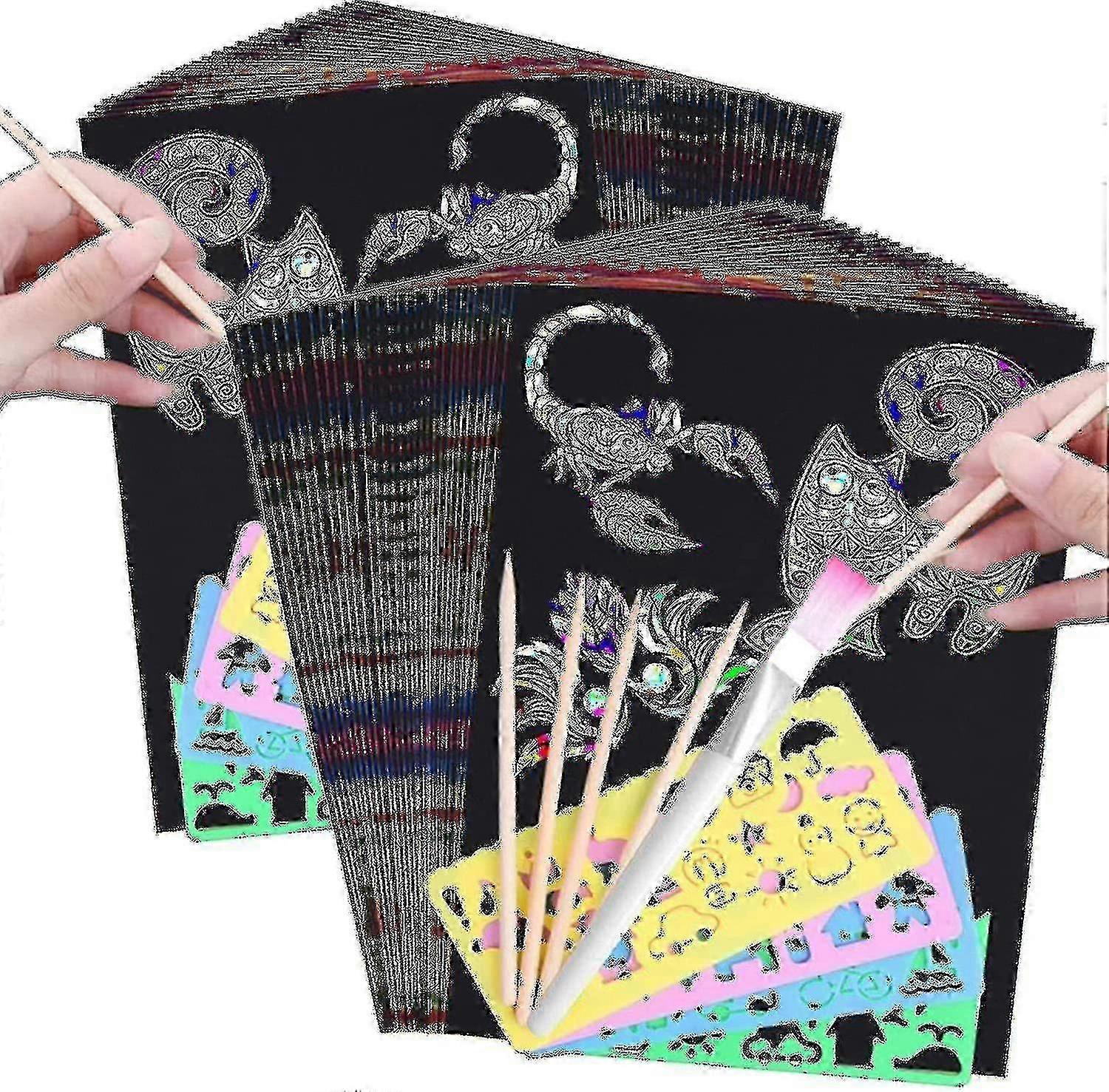 100 Pcs Scratch Drawing For Kids Rainbow Scratch Art Paper Scratch Art Rainbow Scratch Sheets Black Scratch Paper Scratch Board Drawing Pad, With 8 St
