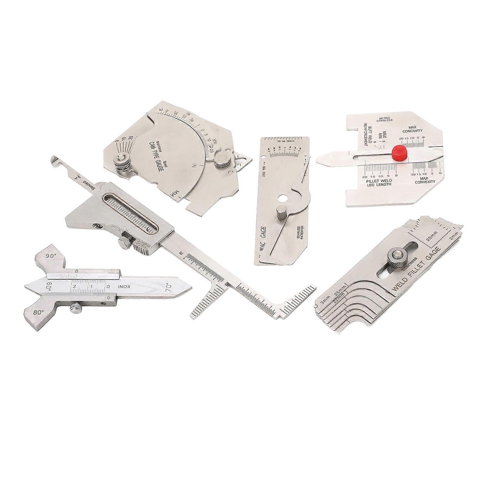 Set of 6 welding gauges, including high and low gauge, angle measuring tool and porosity checker.