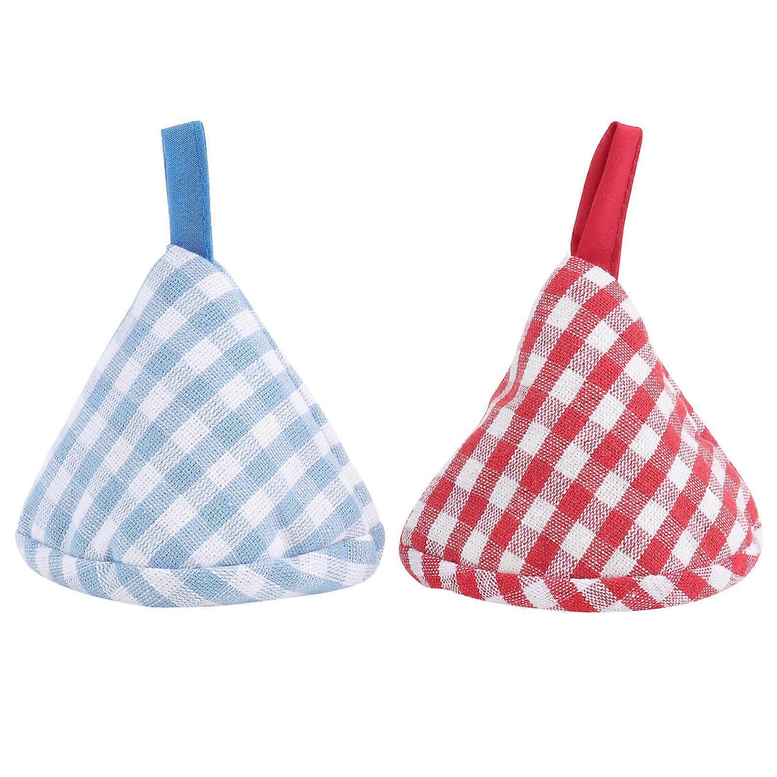 Cotton Triangle Pot Lid Covers 2pcs Heat Insulated Handle Caps Heatproof Gloves Hanging Design Blue Red Plaid