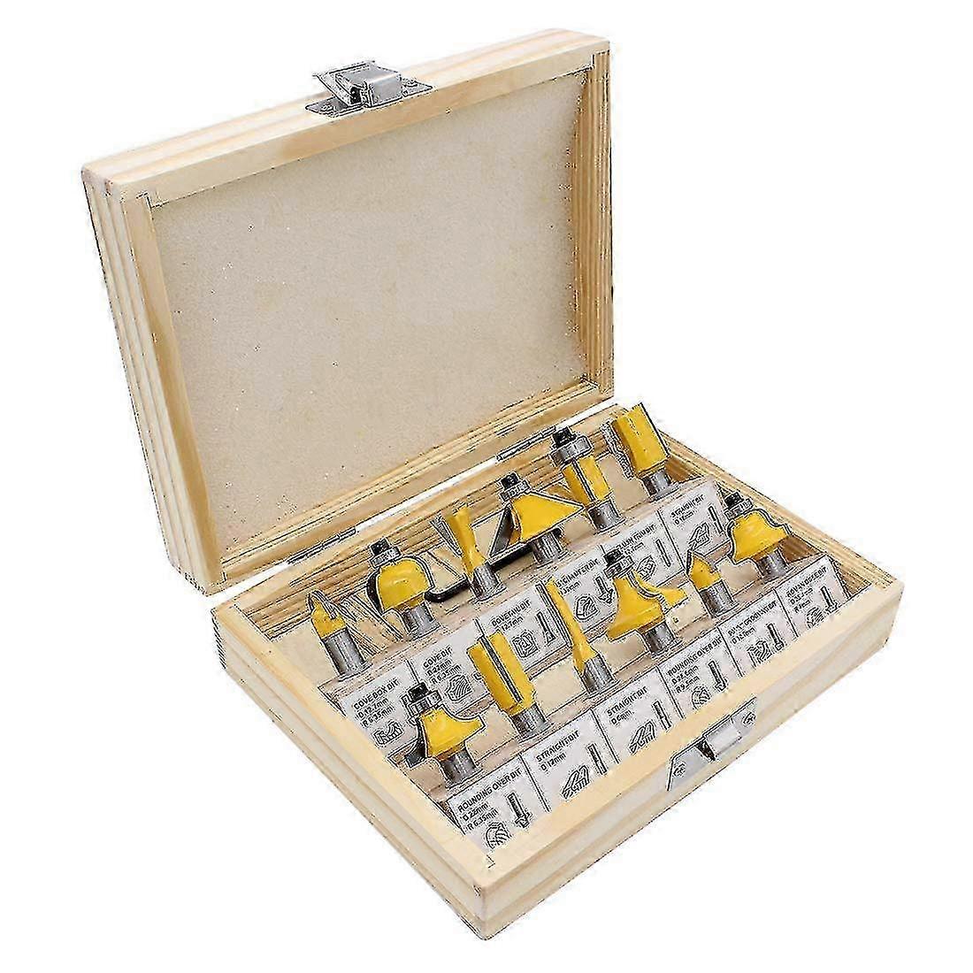 12-Piece 8mm Tungsten Steel Router Bits, with Wooden Storage Box