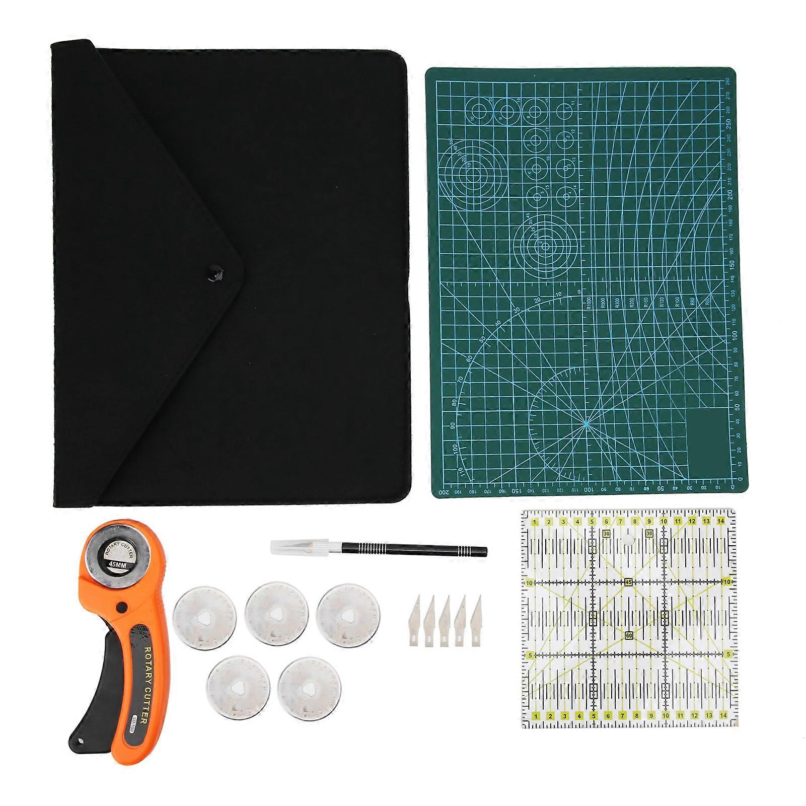 Rotary Cutter Set Leather Carving Tool Pad Cutting Engraving Knife Patch Work Ruler Combination