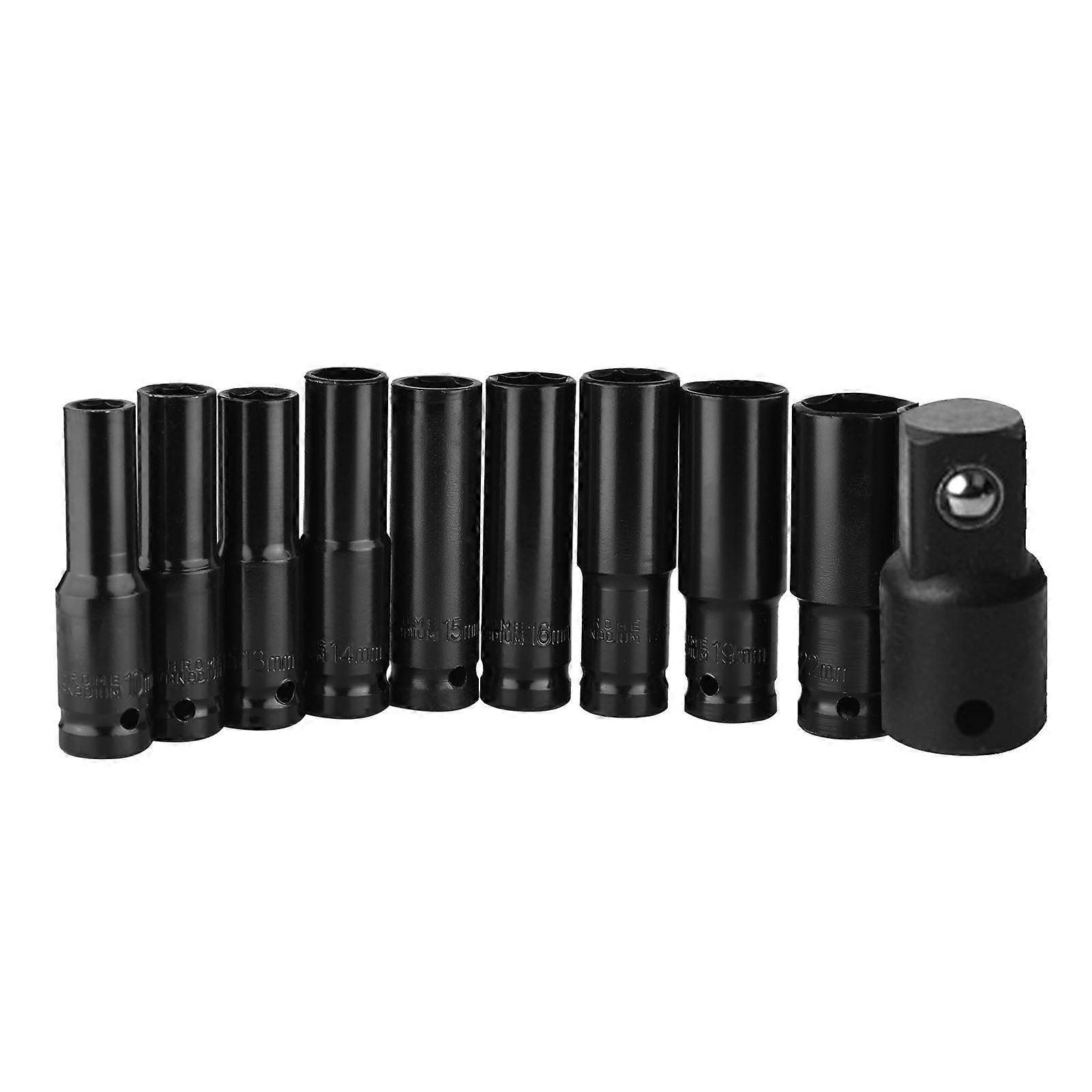 1/2 Inch Drive Hex Impact Socket Set 10-Piece Deep Socket Metric Sizes 10-22mm and 3/8 Inch Adapter CR-V Material with Hard Storage Box