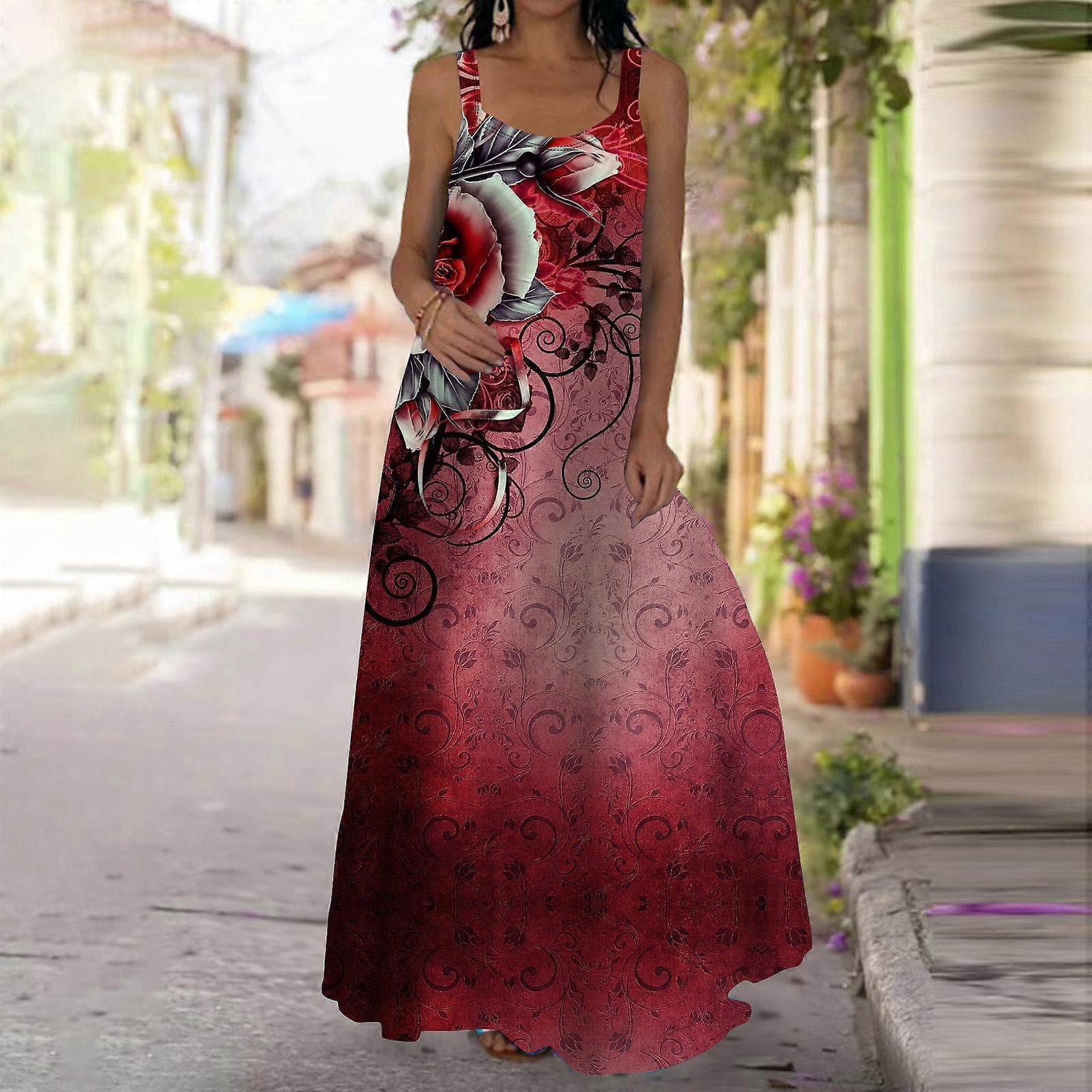 Naisten Slip-mekko Maxi Pitkä mekko Sininen Ruusukuvio Mekko Kevät ja kesä Vapaa-aika Loma