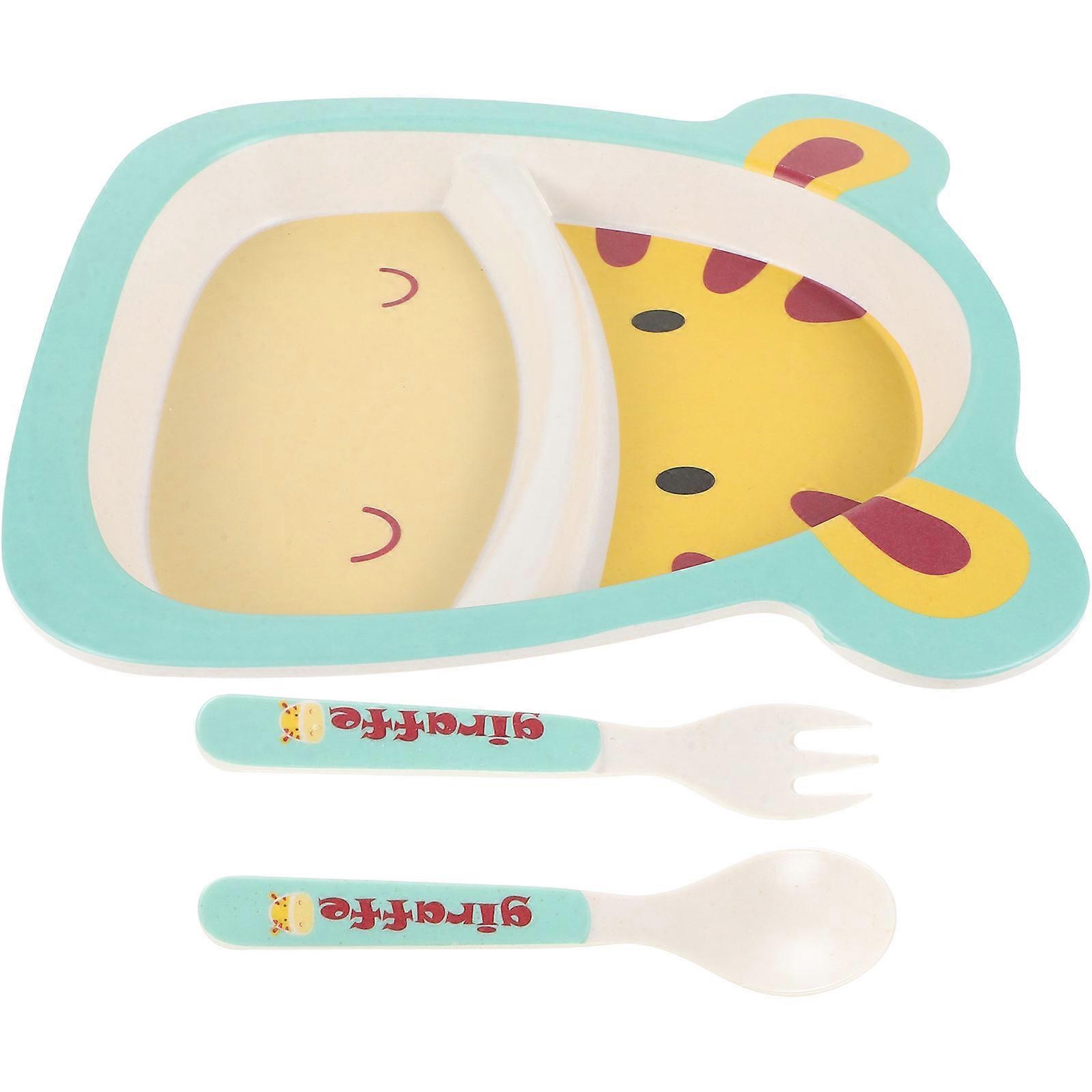 Kids Dinnerware Set Bamboo Fiber Divided Sections for Children Home Use Light Yellow Color Cartoon Animal Design 1 Set