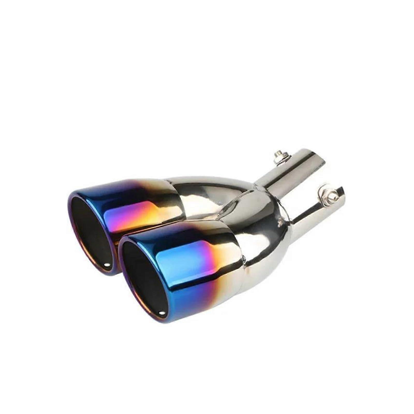 Auto Neck Slant Double Straight Double Automatic Universal Stainless Steel One Out Two Exhaust Pipe Accessory (Curved Back Blue)