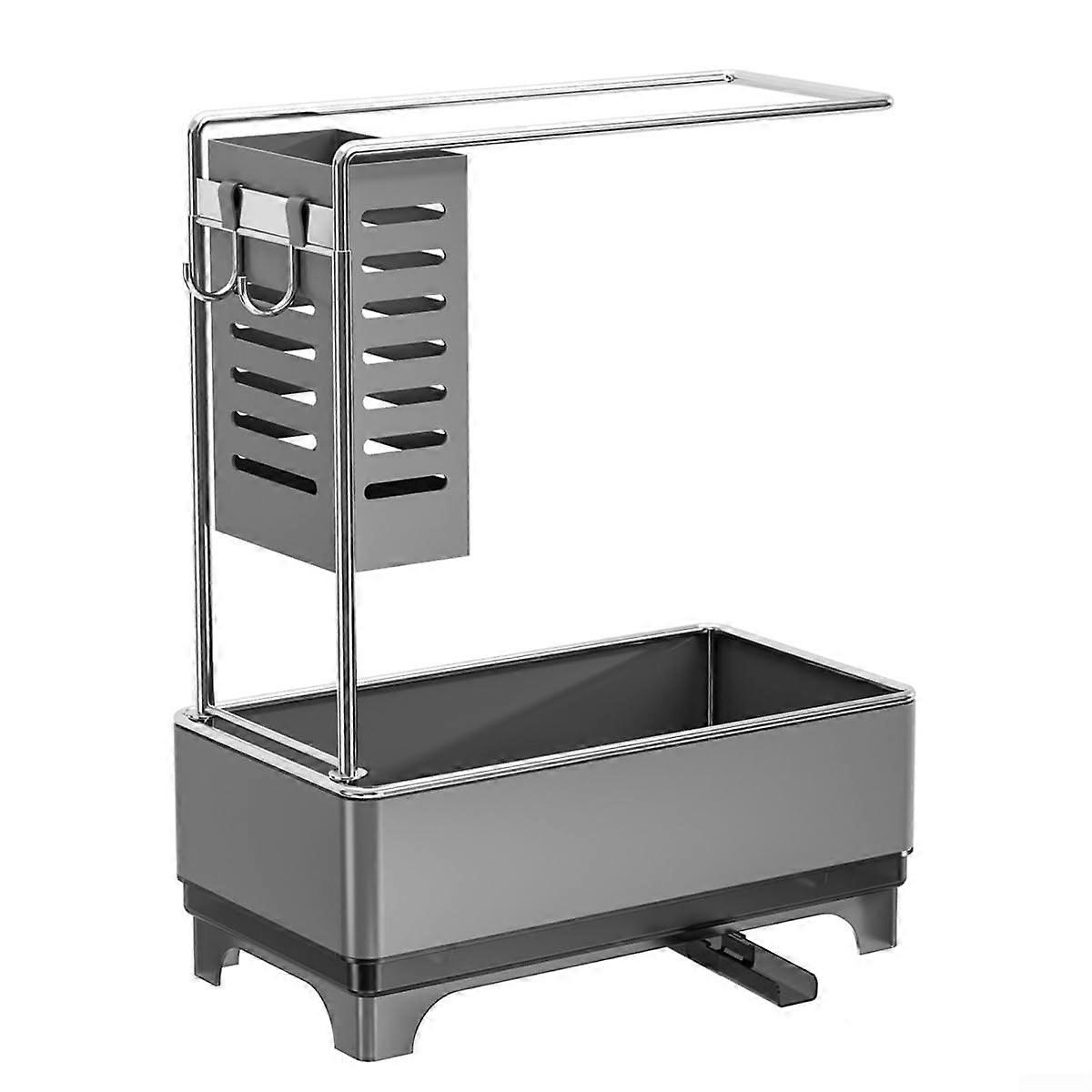 Sponge Holder Kitchen Sink Rack with Soap Dispenser and Towel Bar for Easy Storage and Water Drainage (Gray)