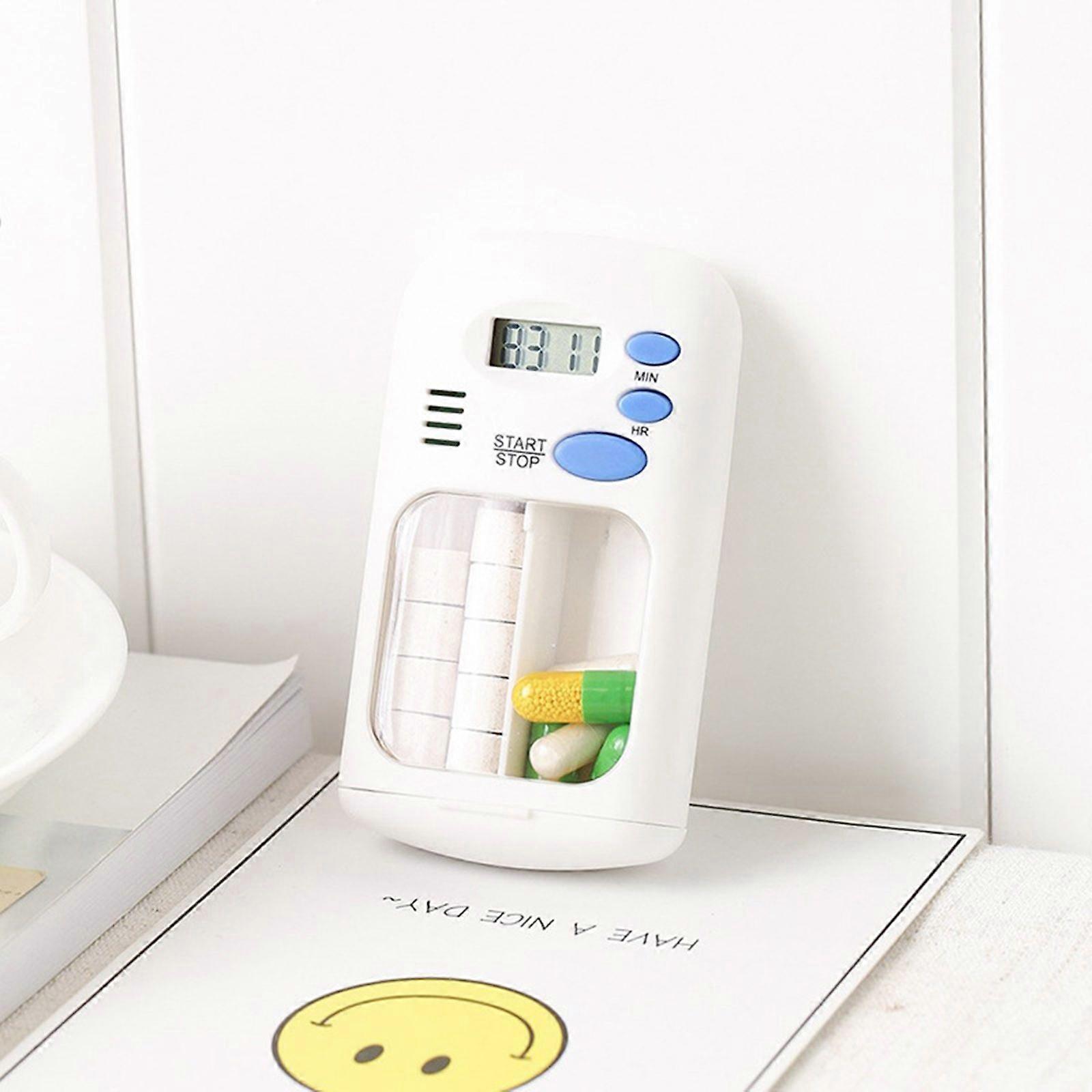 Portable Mini Pill Box Timer with LCD Digital Electric Alarm Medicine Pill Case 2 Grids White Color Two Drawers Divided Plus Memory Fits Large Pills f