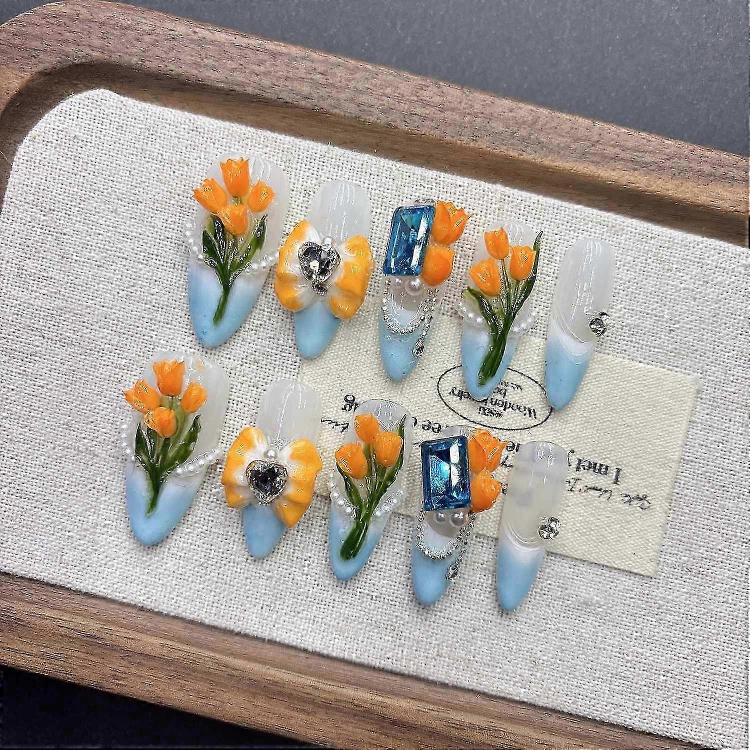 Orange Tulip 3D Flower Press On Nails Hand-Woven Floral
