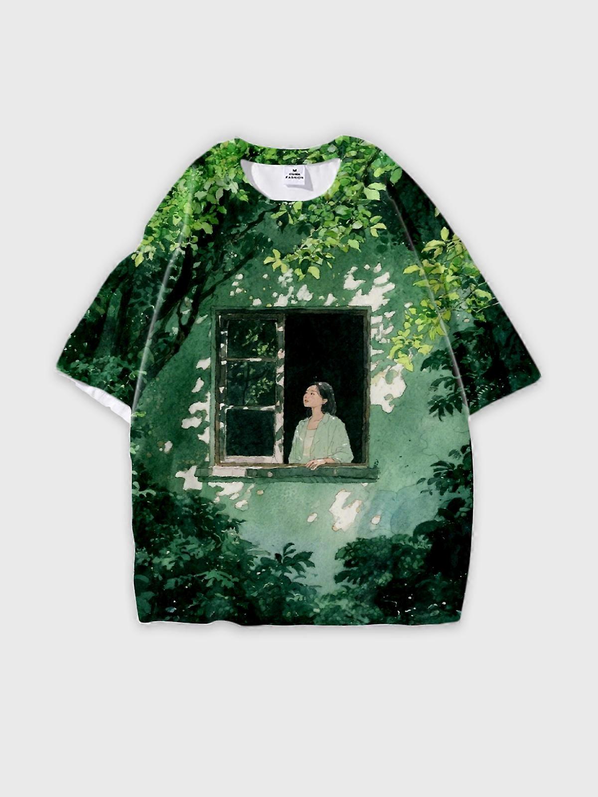 T-Shirt Round Neck, Loose Short Sleeve Pattern Graphic Tee, Unisex Summer Casual Top V1863