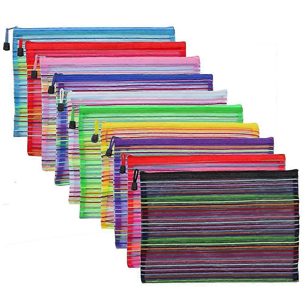 10-Pack Multicolor A4 Zipper Mesh Pouches for Stationery, Cosmetics & Travel Storage