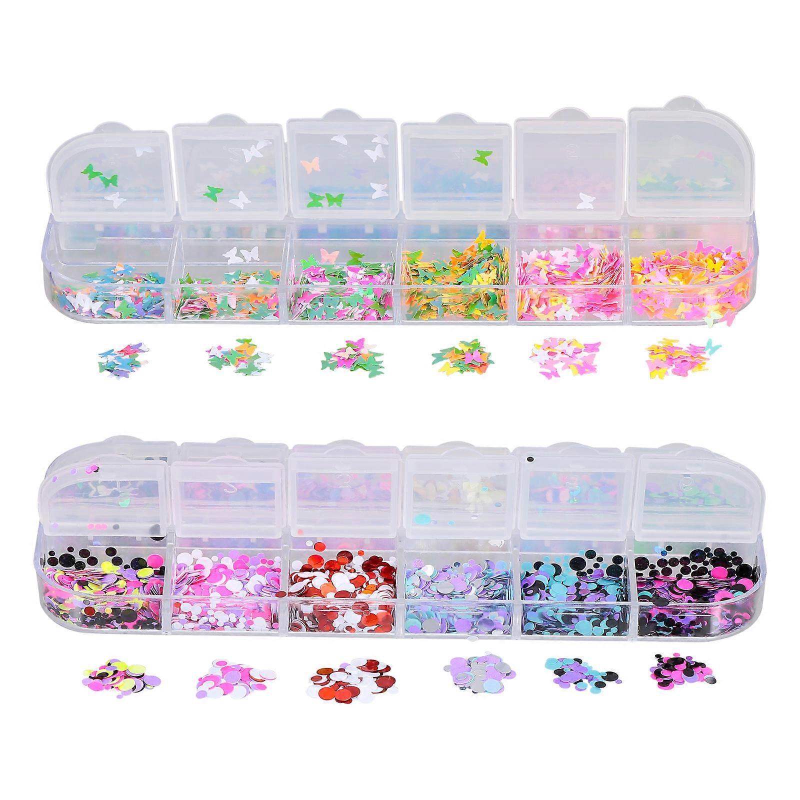 Creative Nail Art Sequins 2 Boxes with Glitter Stickers DIY Nail Decorations Portable Compact Case for Home and Professional Use