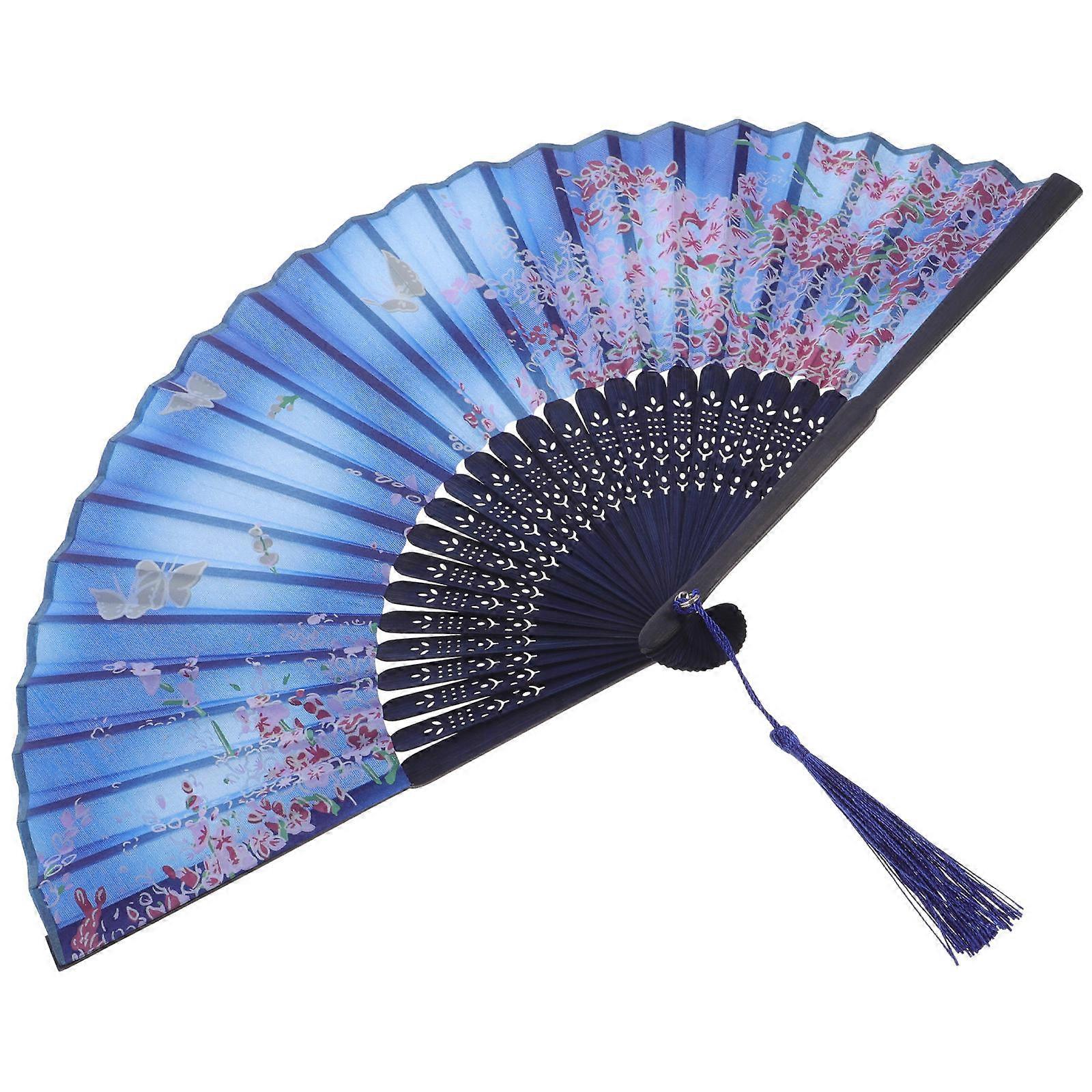 Vintage Handheld Fan Folding Fan Shape for Parties Blue Cloth Wood Wind 1Pcs