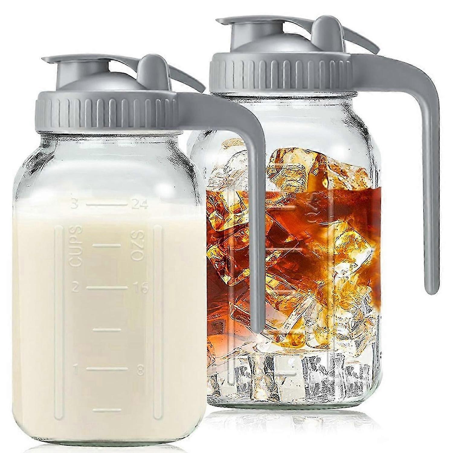 Glass Pitchers with Lid and Handle,32oz,Wide Mouth Leak-Proof Glass Water Pitcher, Creamer Container