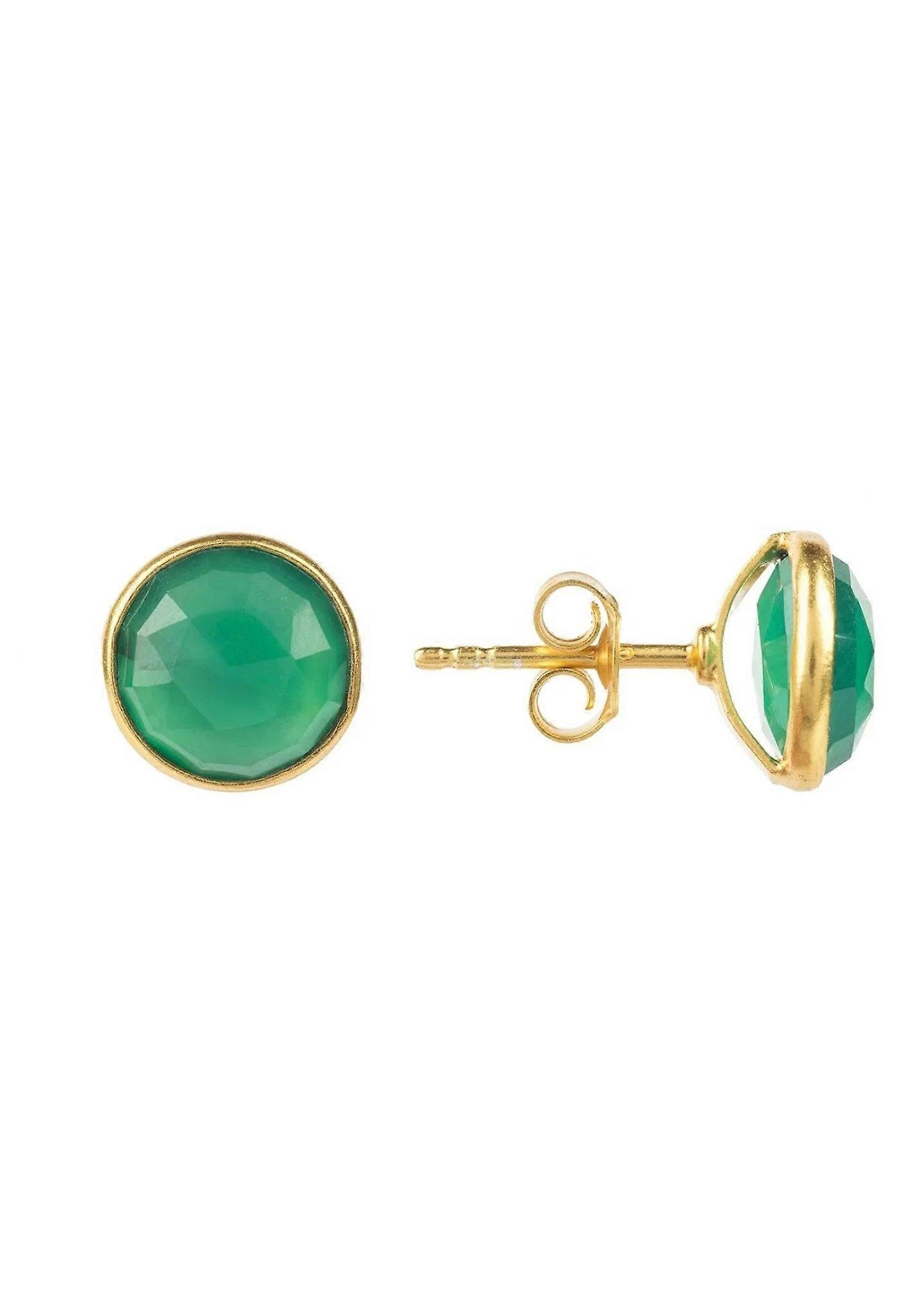 Latelita 女士镀金纯银中号圆形宝石耳环,镶嵌绿色玛瑙石 - 10mm x 10mm
