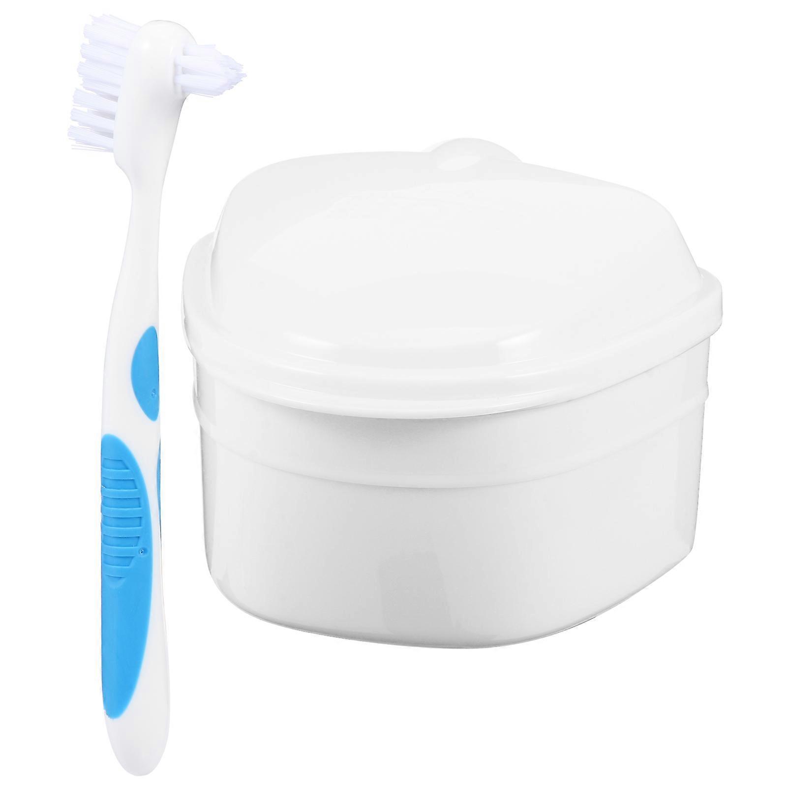 White Denture Storage Case for Bath Soaking with Brush 2Pcs Set