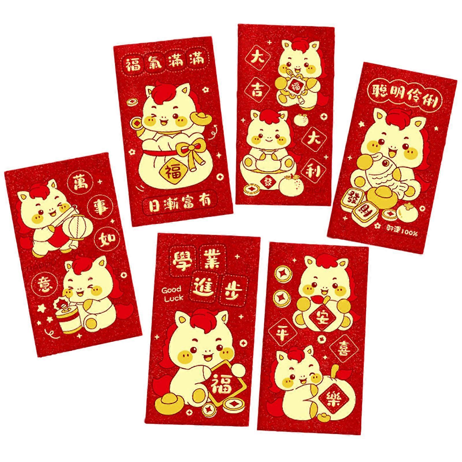 6PCS Horse Year Money Envelope Frosted Glitters Finish Cartoon Design Thick Paper Multiple Denomination Holiday Essential Multicolor