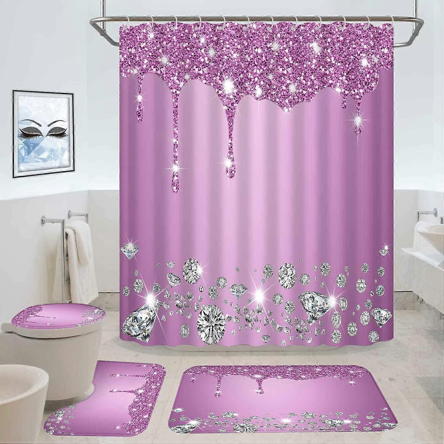 Mauve Orchid Glitter Shower Curtain Set, 4PCS Bathroom Sets with Shower Curtain, Bath Mat, Toilet Lid Cover & U-Shaped Rugs, 72"x72", Polyester,