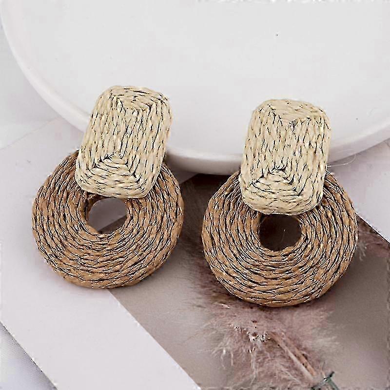 Statement Raffia Round Earrings - Boho Drop Handmade Straw Earrings -Geometric Dangle Earrings for Womengirls