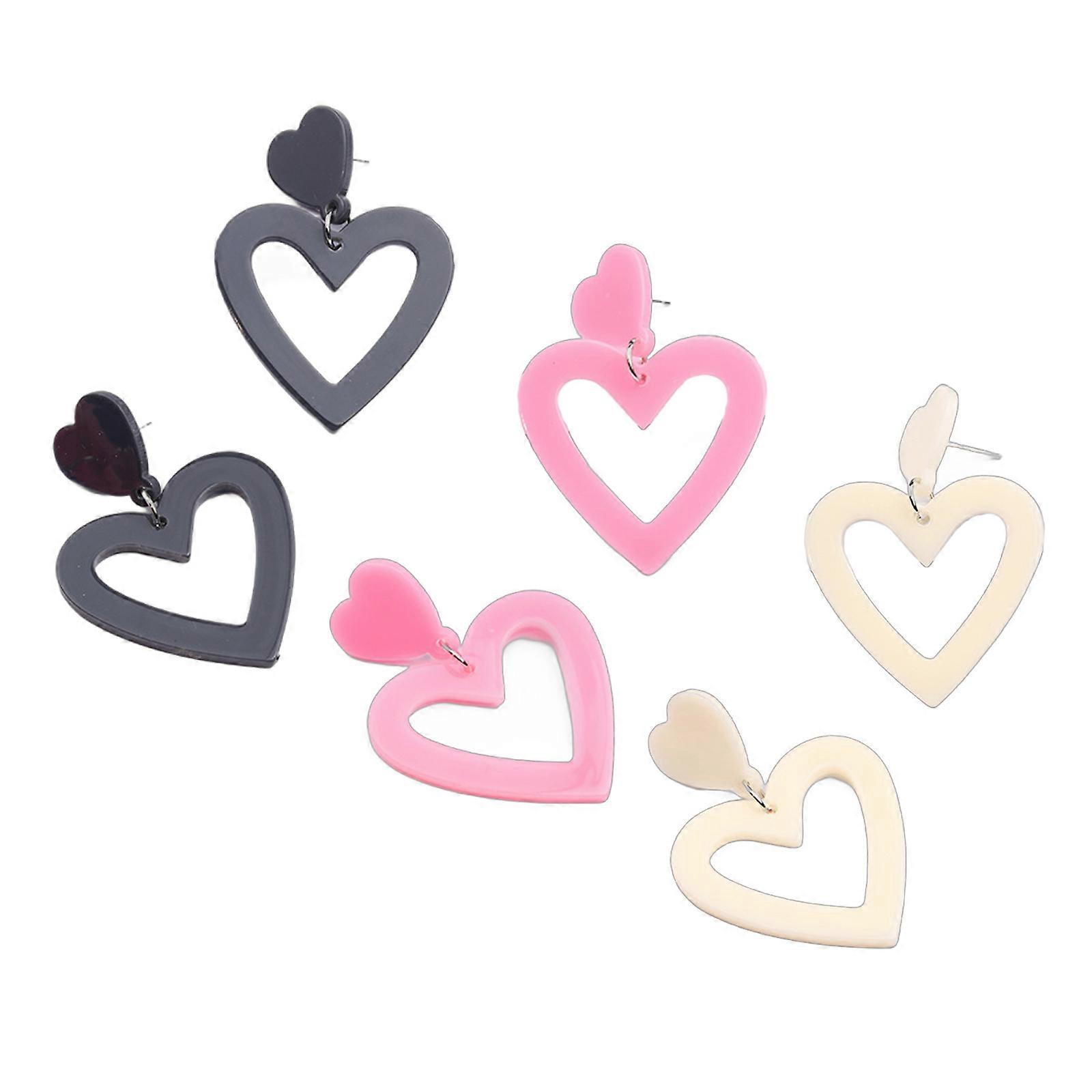 Three Pairs Fashionable Acrylic Heart Dangle Earrings Elegant and Versatile for Parties Supplies and Dates Daily Use Multicolor