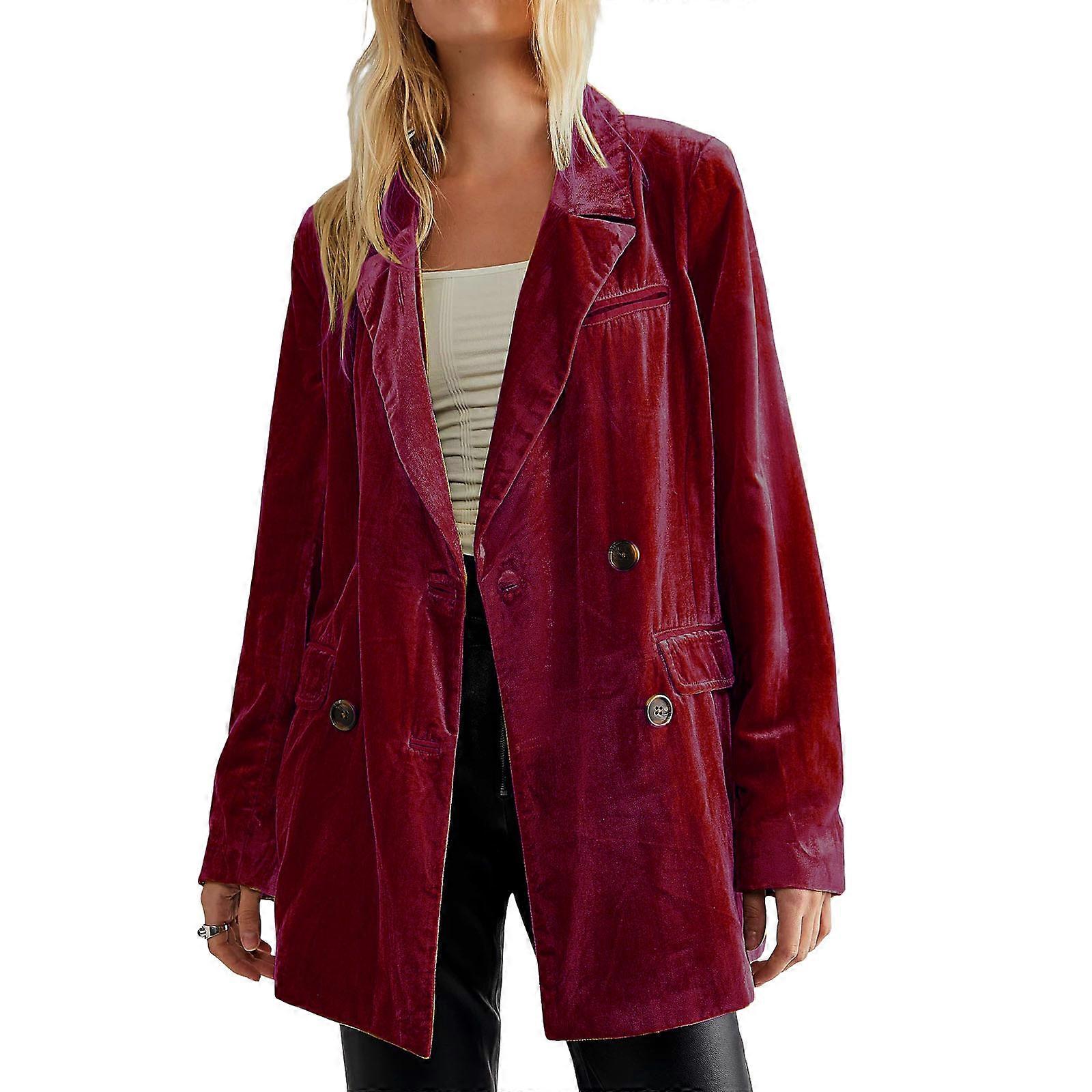 Womens Retro Coat Lightweight Cozy Button Outerwear Solid Color Lapel Open Front Jackets Coat With Pockets  Burgundy XL