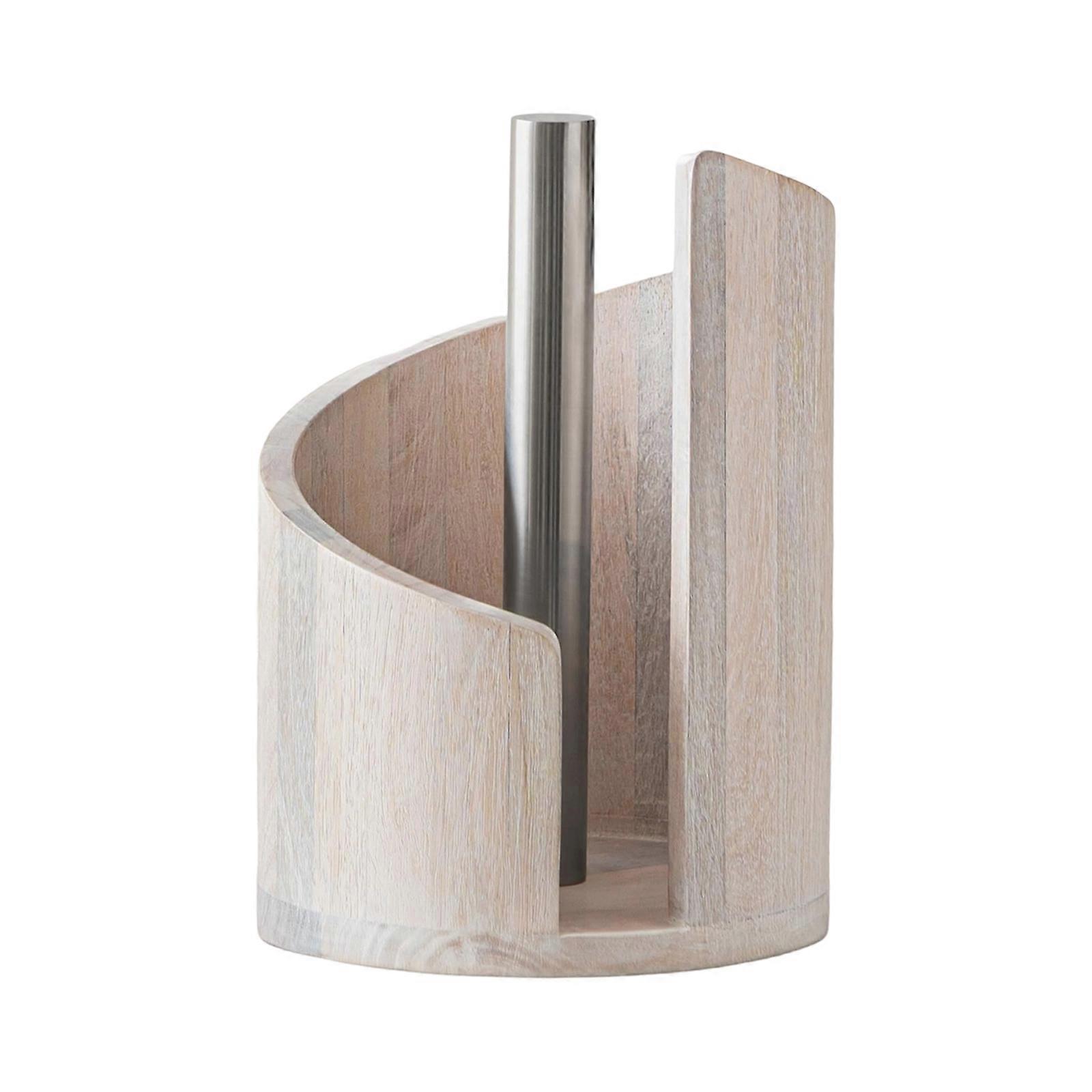 Tabletop tissue holder with a round wooden base and iron support. This 2026 wooden tissue holder allows for easy one-handed tearing and can hold