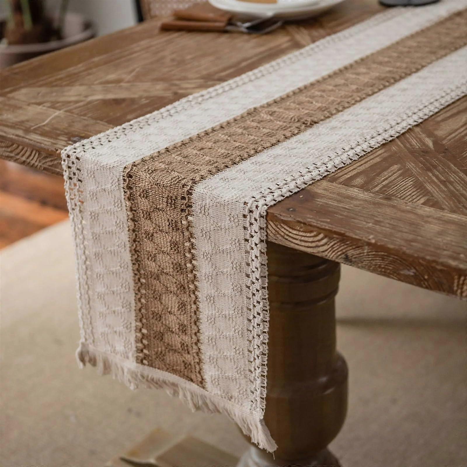 Linen Cotton Table Runner with Tassels TwoTone Woven for Dining Table Party Decor 30x120cm