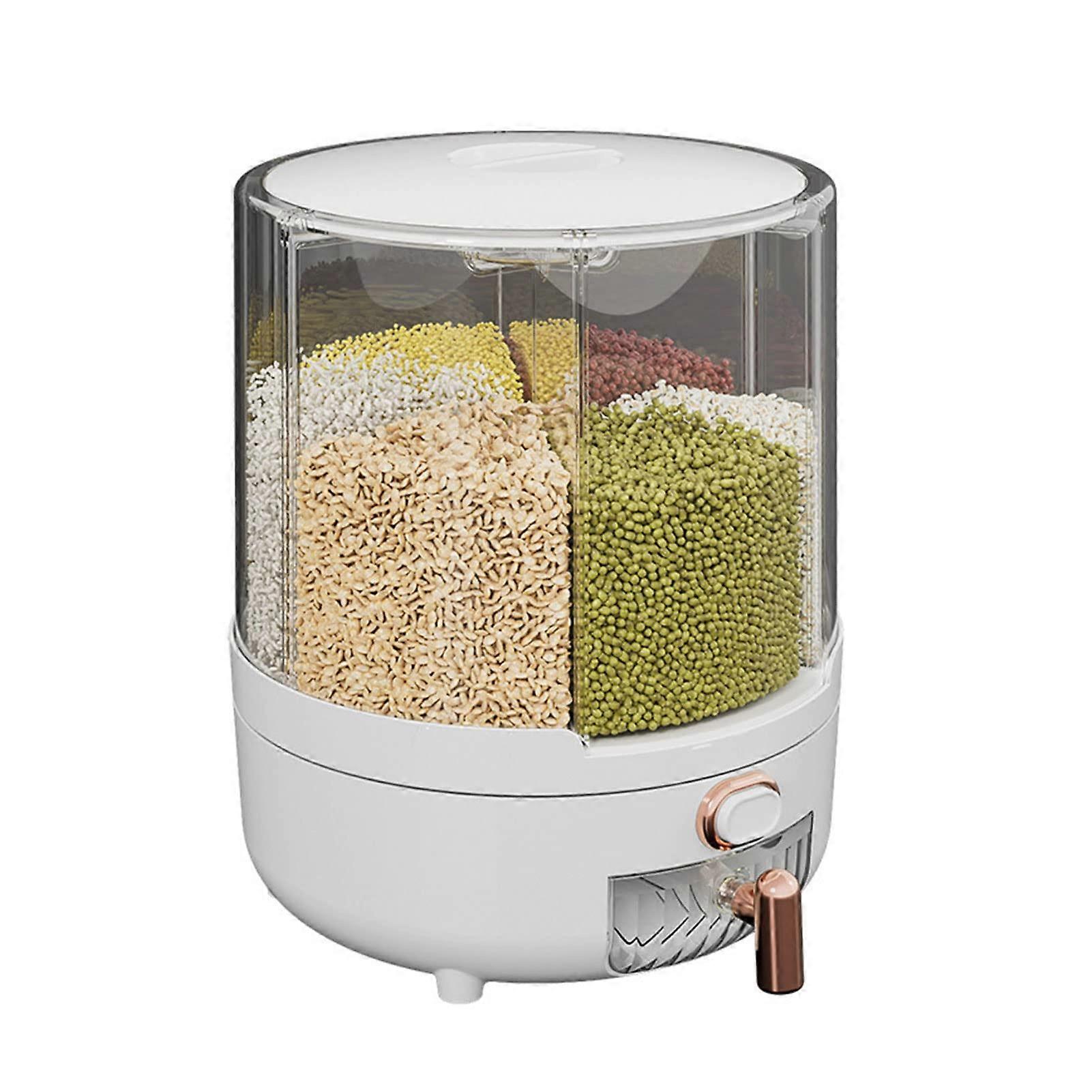 Rice Bucket 360 Degree Rotating Dispenser, 6Grid Rice Containers, Rice And Grain Storage, White 23.5x29cm
