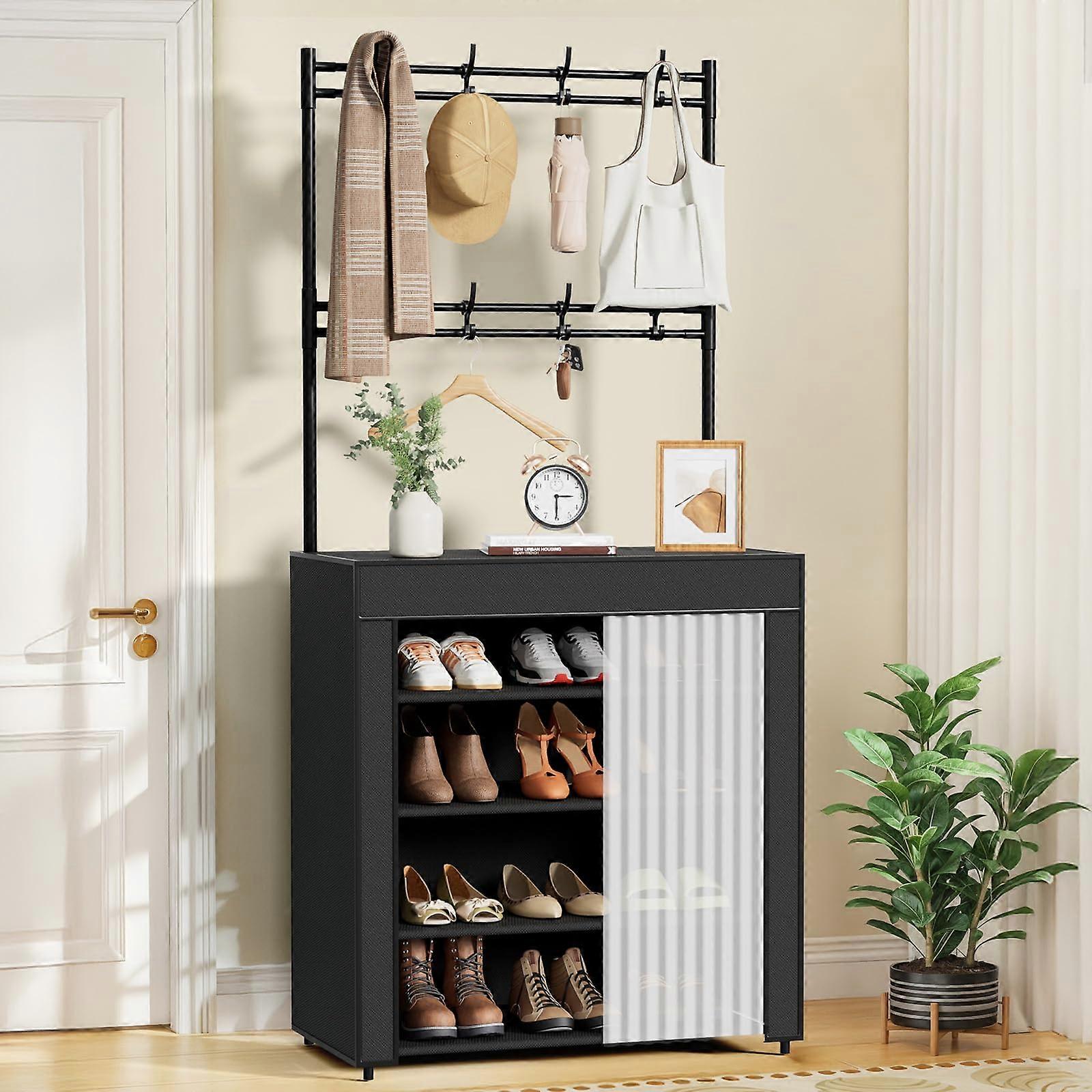 5Tier Shoe Rack with Hooks and Hanging Rods, SpaceSaving Storage for Entryway, Hallway, Small Rooms