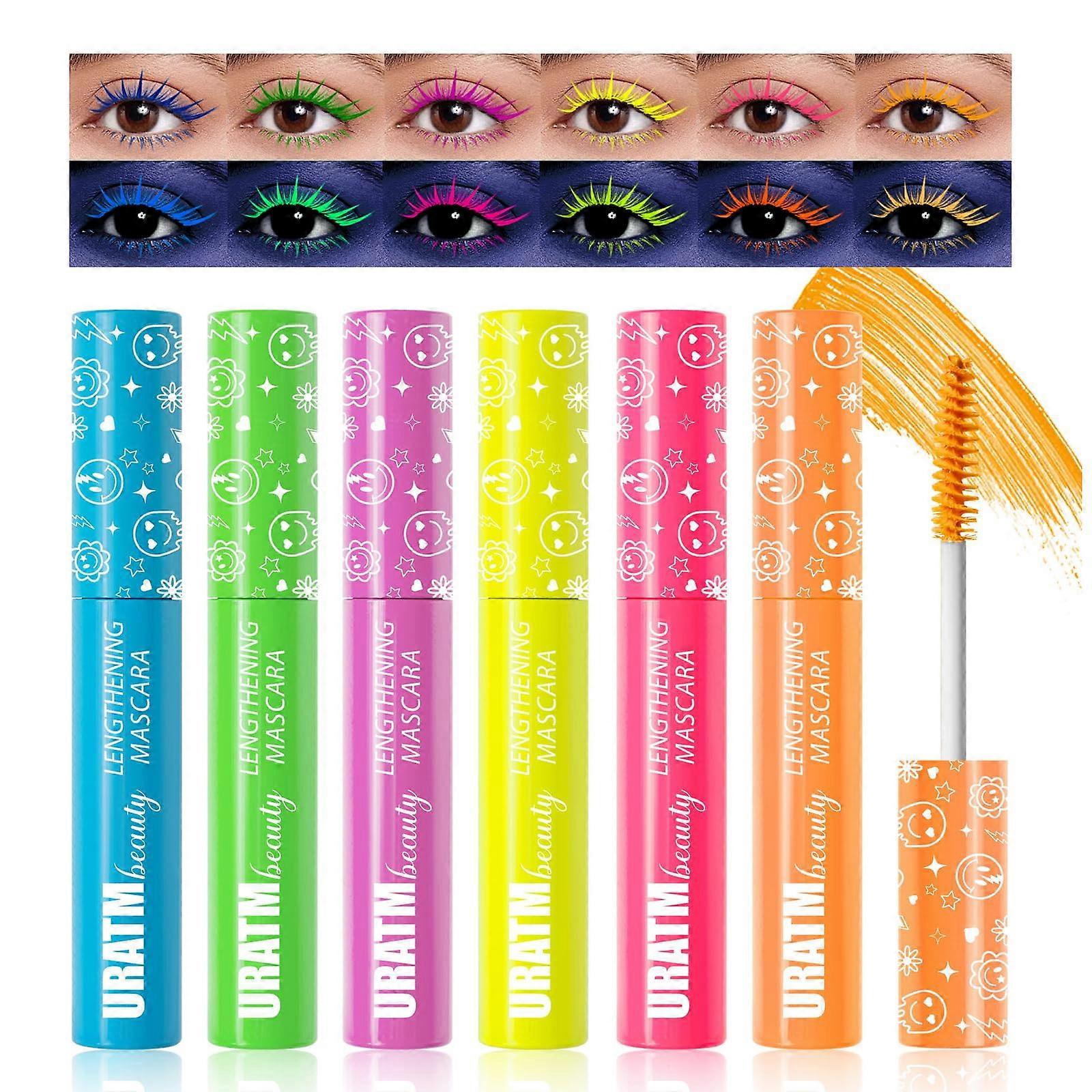 Colored Mascara Set 6 Neon Shades, Waterproof Smudgeproof, Volumizing Lengthening Glow in Dark