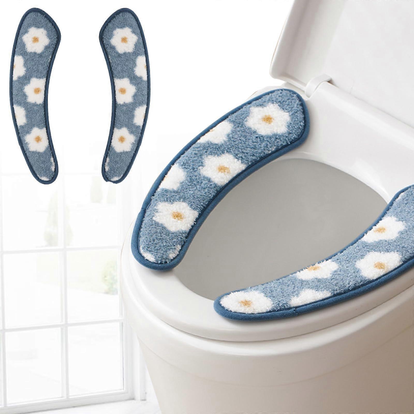 Plush Toilet Seat Cover Thick Warm Washable Cushion with Floral Pattern Universal Fit Blue