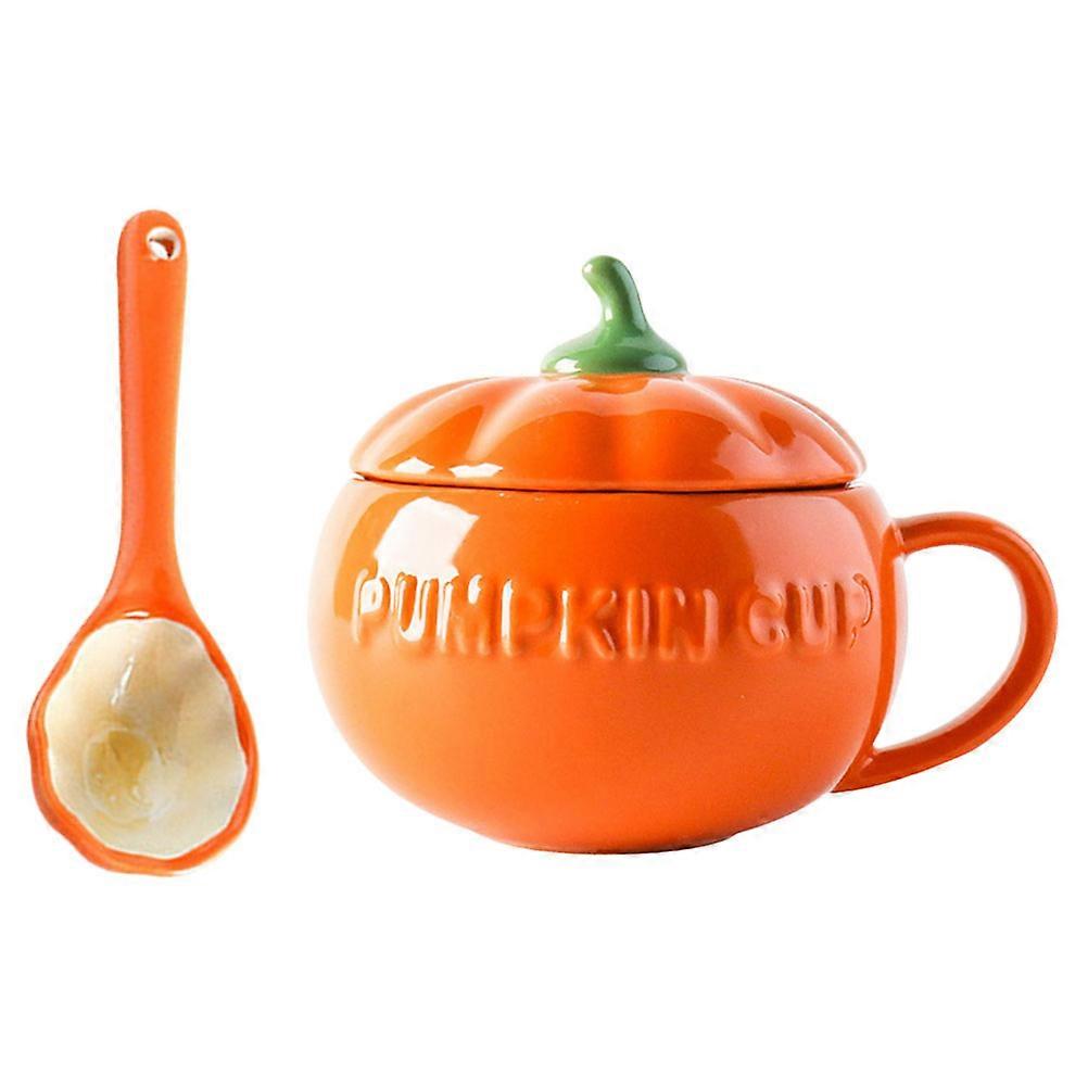 Orange Ceramic Pumpkin Cup Halloween Cup with Spoon 2Sets for Storing