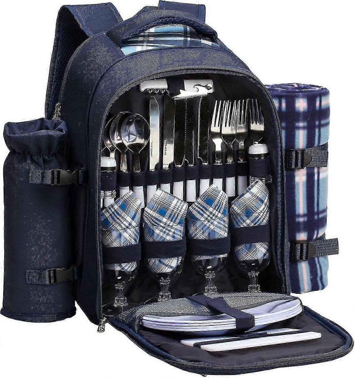 Picnic Backpack 4 Person Set with Cooler Compartment, Removable Bottle/Wine Holder, Includes Large P
