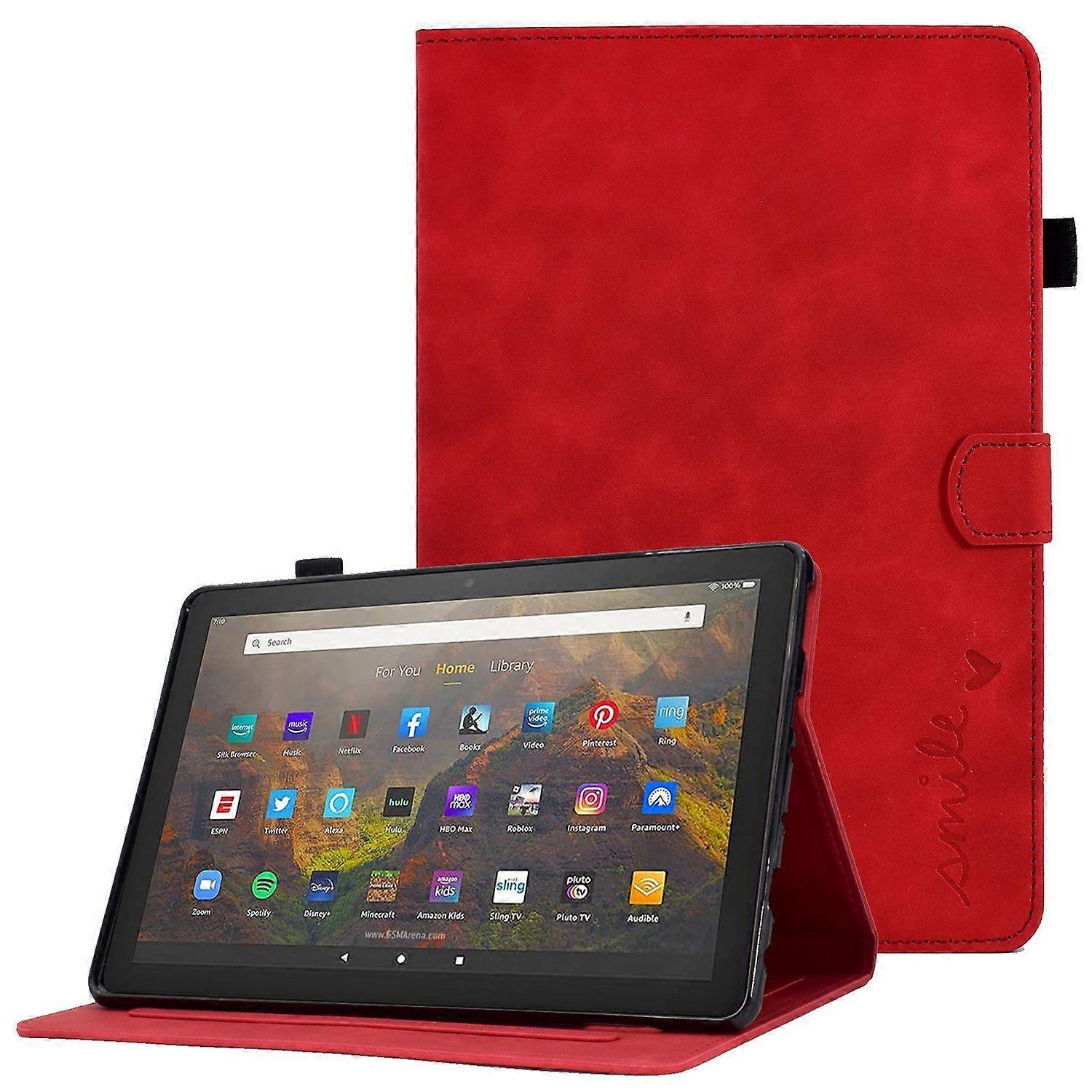 For Amazon Fire HD 10 (2021) Solid Color Heart Shape Imprinted PU Leather Cover Foldable Stand Prote