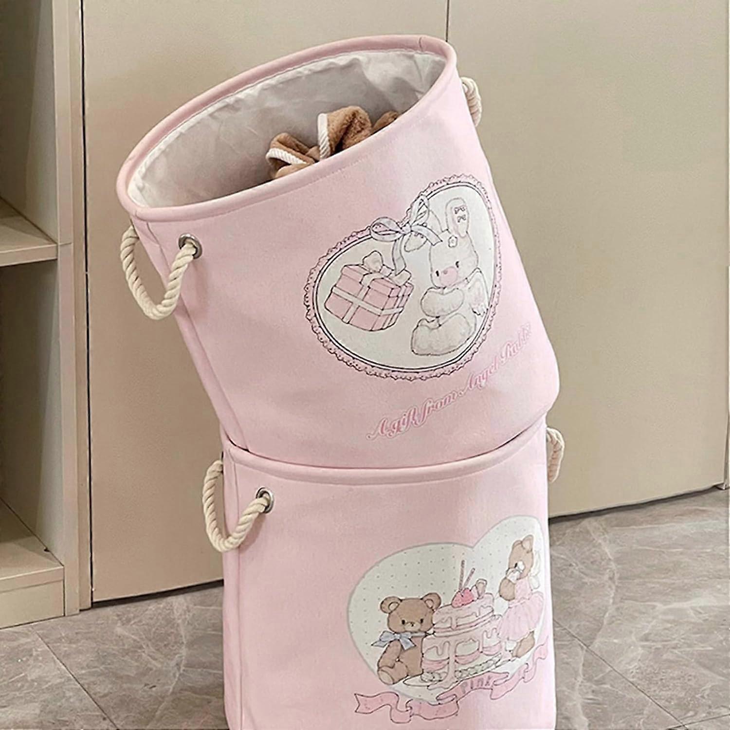 Large Capacity Cotton Linen Laundry Basket Hamper with Foldable Design and Cute Cake Bear Pattern