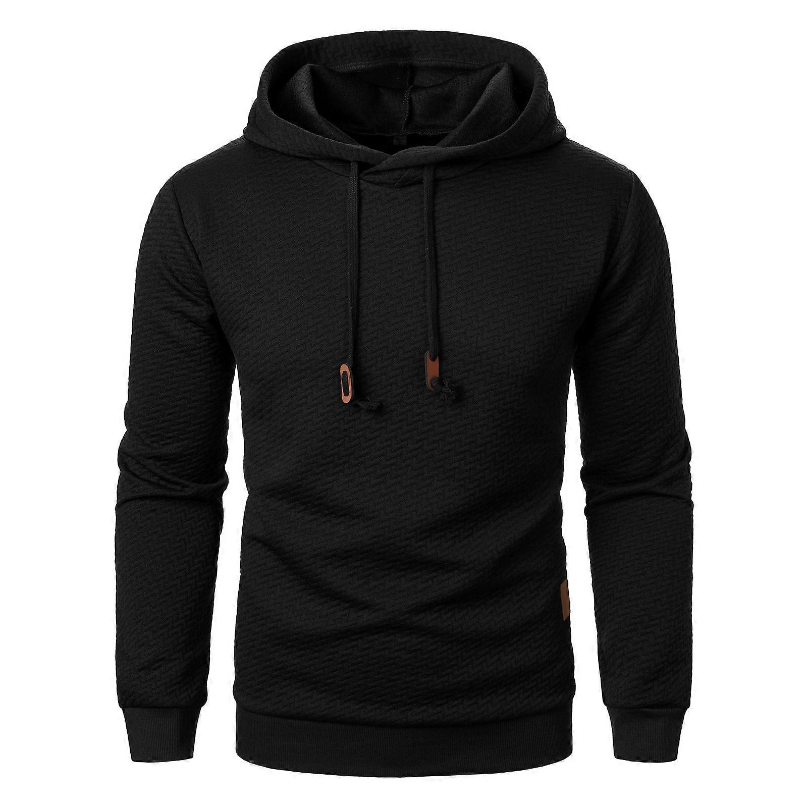 Men Fall Winter Hoodie Solid Color Drawstring Long Sleeves Jacquard Design Hooded Elastic Cuff And