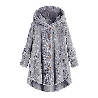 Manteaux d'hiver pour femmes grandes tailles, hauts boutonnés en peluche, cardigan ample à capuche, manteau en laine, veste décontractée en peluche, gris clair, taille L