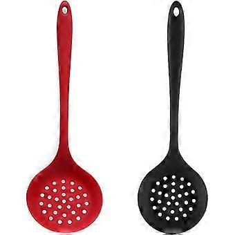 Silicone Skimmer Spoon Set 2,  Kitchen Sink Ladle Strainer Silicone Filter Spoon with Long Handle,Red and Black