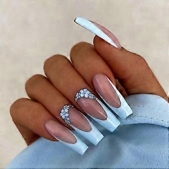 Medium Square Press on Nails Blue French Tip Glue on Nails Flower Acrylic Fake Nails with 3D Design Glue on Full Cover Artificial Gel False Stick on