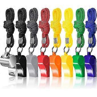 Lot de 8 sifflets d'entraîneurs et d'arbitres avec cordons, sifflets de football colorés en plastique et acier inoxydable pour sauveteurs sportifs