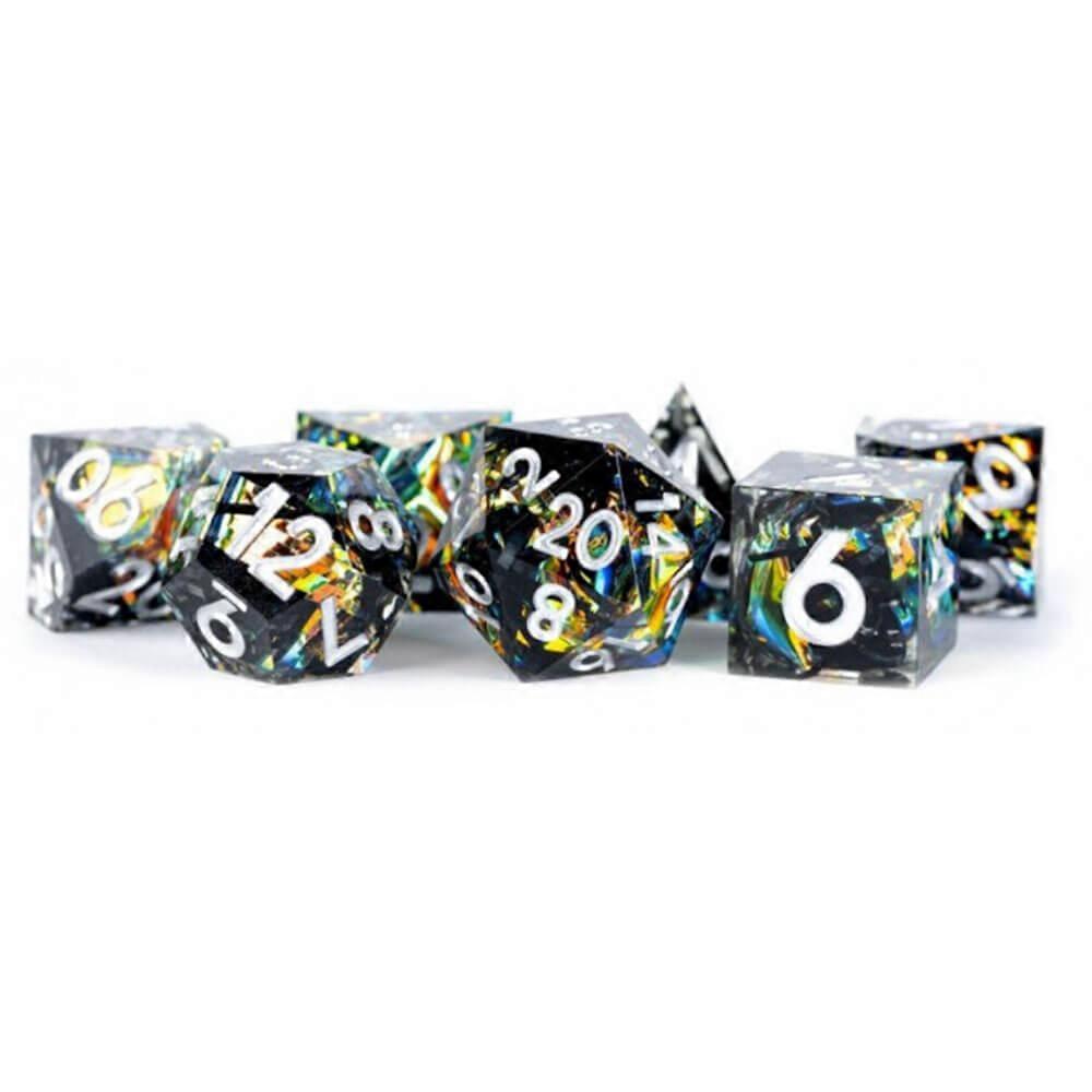 SIMMERING COAL Handcrafted Sharp Edge Resin Dice Set Beautiful Glitter Flakes