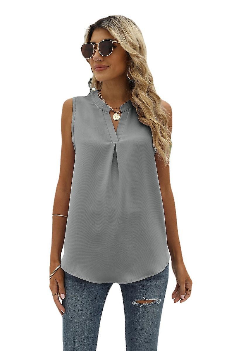 Solid Color Chiffon Shirt Loose V-neck Pullover Sleeveless Top Vest