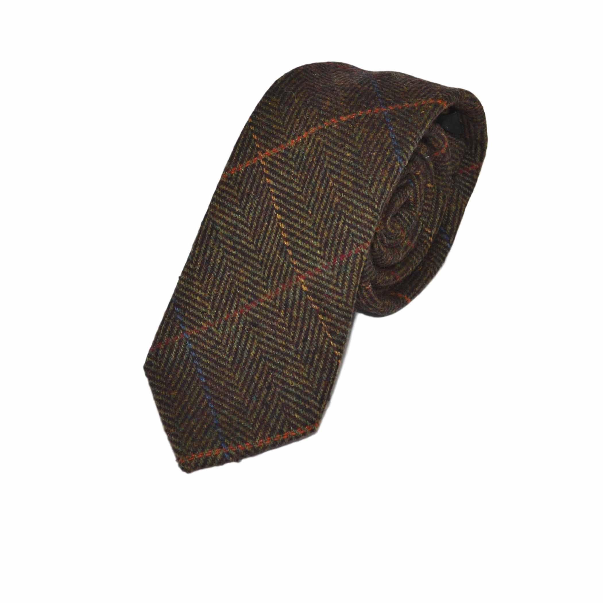 Dark Olive Green Herringbone Check Tie & Pocket Square Set