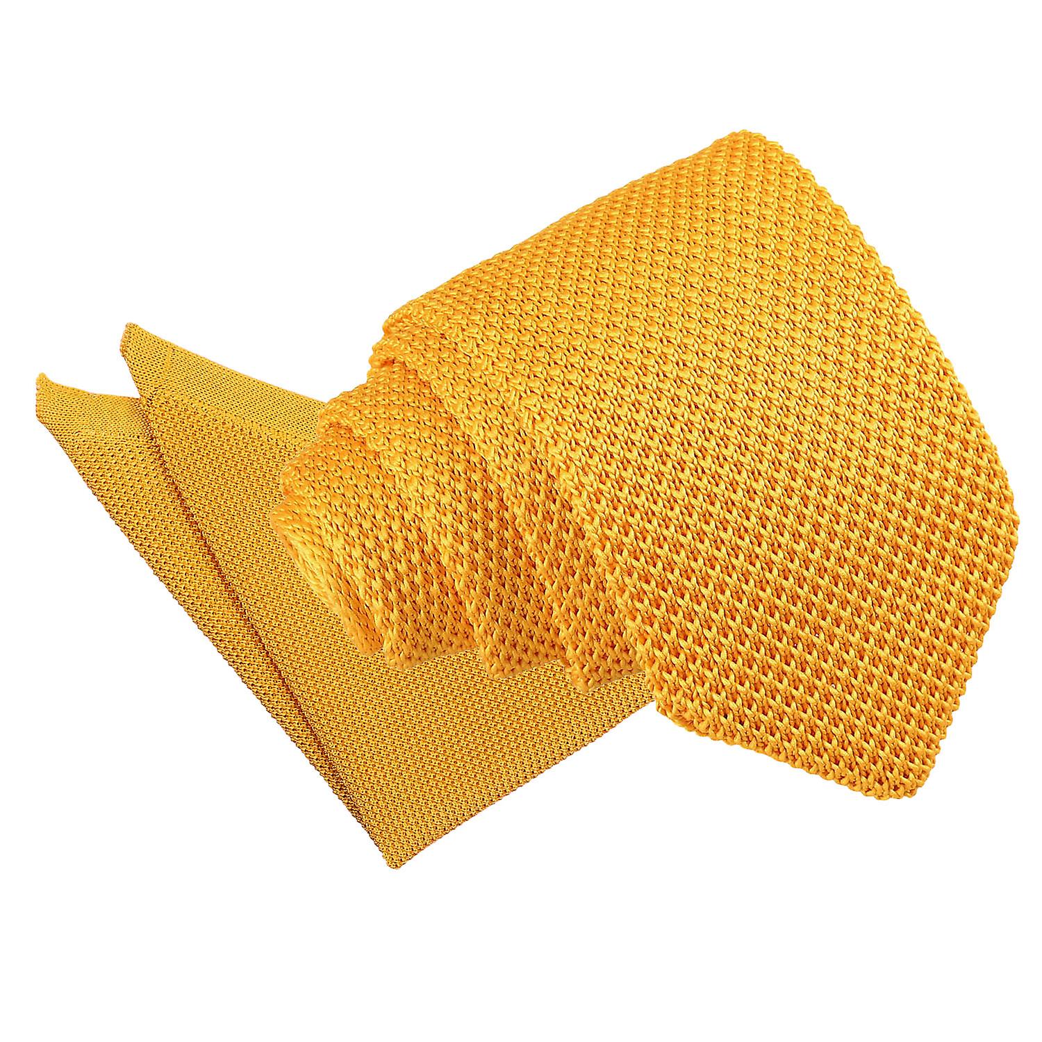 Marigold Yellow Knitted Slim Tie and Pocket Square Set