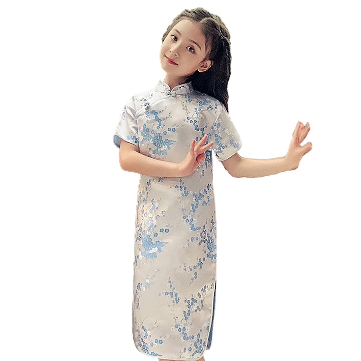 الفتيات Cheongsam اللباس الصغيرة Wintersweet زهر قصيرة الأكمام الوقوف طوق سستة خمر طويل ميدي 