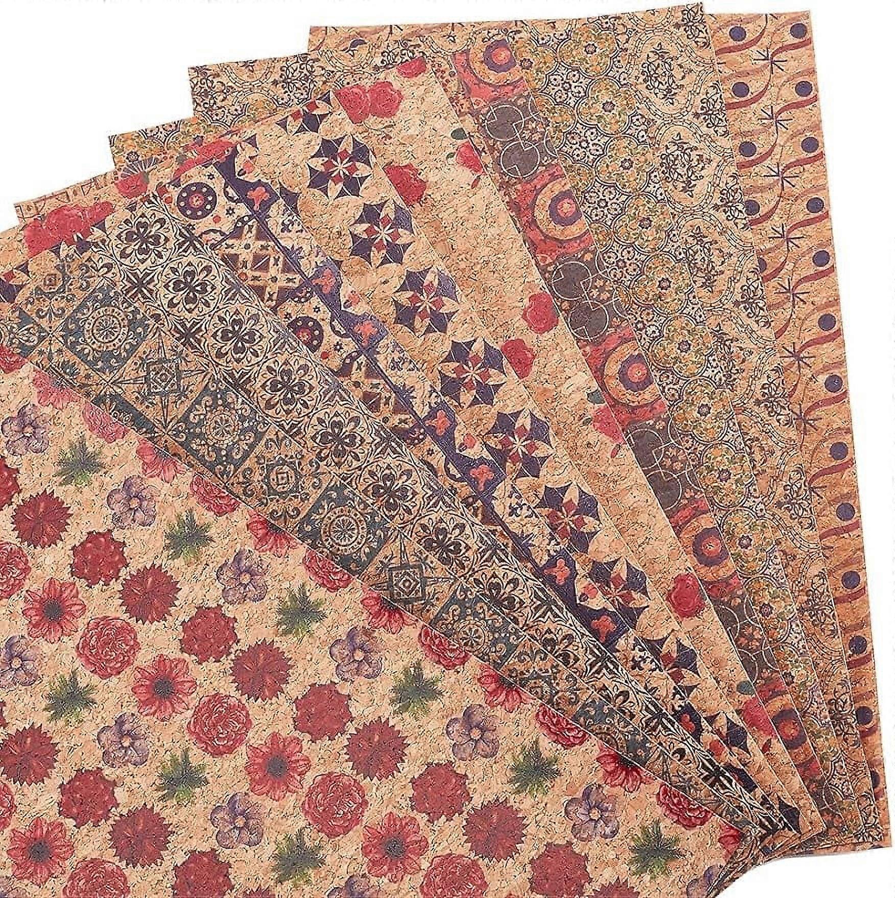 10Sheets with Different Patterns 11.81x7.87inch Cork Fabric Retro Faux Leather Sheets Imitation Wood Grain Pattern Rectangle Natural Color PU Leather 