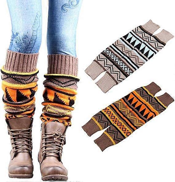 European and American winter warm socks, bohemian crochet thickened wool knitted high socks, mid-length knitted color-blocked boot leg warmers (2 pair