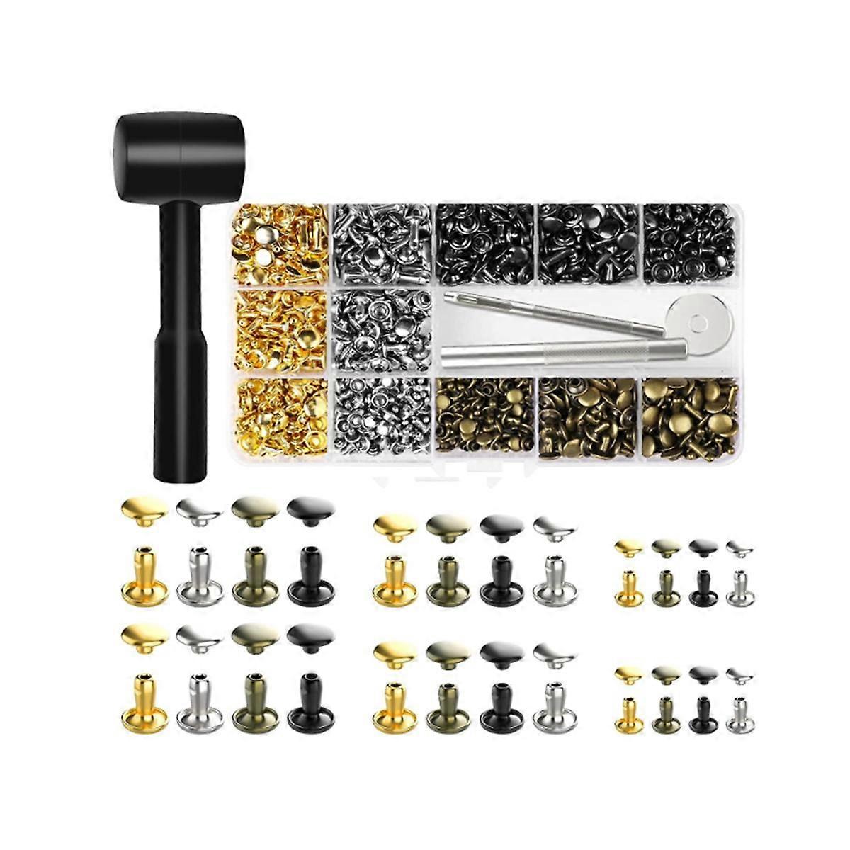480 Sets Leather Rivets, Double Cap Rivets Tubular 4 Colors 3 Sizes Metal Studs with Fixing Tools for Leather/Craft